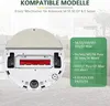 The underside of a white robot vacuum cleaner with a red brush roll and a beige mop pad attached, with a green overlay listing compatible models. Produktbild-Vorschau