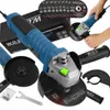 A collage of an angle grinder and its accessories, with a hand holding the tool. Náhled obrázku produktu