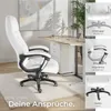 A white office chair is shown in a room with a desk and a plant. There are also inset images highlighting features of the chair. Produktbild-Vorschau