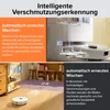 Collage showing a robot vacuum cleaner and its features, with text descriptions. Produktbild-Vorschau