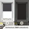 A split image showing a window with a gray roller blind. The left side shows the blind partially open with bright daylight outside, and the right side shows the blind fully closed, creating a dark interior. Icons and text are overlaid on the image. Produktbild-Vorschau