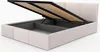 A cream upholstered bed frame with its storage compartment open, revealing the slatted mattress base and internal storage space. Produktbild-Vorschau