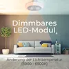 A modern living room scene with a sofa and a ceiling fan with integrated LED lighting. Produktbild-Vorschau