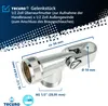 A product shot of a plumbing fitting with text and measurements overlaid. Produktbild-Vorschau