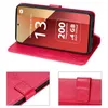 A red flip wallet case for a Xiaomi Redmi Note 13 Pro 4G phone, shown open with the phone screen displaying product specifications. There are also close-up shots of the case's texture and clasp. Produktbild-Vorschau