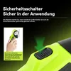 Close-up of a hand holding a cordless electric rotary cutter, with a focus on the safety switch mechanism. Produktbild-Vorschau