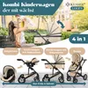 A mother holding her baby in front of a stroller, with different configurations of the stroller shown below. Produktbild-Vorschau