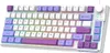 A white gaming keyboard with multi-colored keycaps and RGB backlighting, shown from a slightly elevated front-side angle on a white background. Produktbild-Vorschau