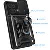 A black phone case with various features highlighted by text labels. Produktbild-Vorschau