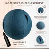 A blue exercise ball with informational callouts and a hand pump. Produktbild-Vorschau
