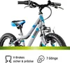 A close-up of a children's bicycle with marketing text and icons at the bottom. Produktbild-Vorschau