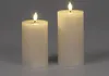 Two LED candles with lit flames on a plain gray background. Produktbild-Vorschau