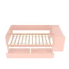 A pink wooden bed frame with drawers and a shelf. Náhľad obrázku produktu