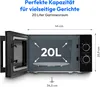 A microwave oven with its door open, showing dimensions and capacity. Produktbild-Vorschau