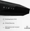 Close-up of a black kitchen hood with touch controls and feature descriptions below. Podgląd zdjęcia produktu