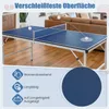 A blue ping pong table is shown in a room with wooden floors and a sofa in the background. There are also icons and text describing features. Náhľad obrázku produktu