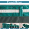 Close-up of the top edge of teal velvet curtains, showing different hanging options and a height measurement. Produktbild-Vorschau