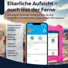 A pink tablet in a protective case is shown next to a smartphone displaying a parental control app interface. The background is blurred, showing a beach scene with people. Produktbild-Vorschau