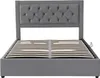 A gray upholstered bed frame with a tufted headboard and wooden slats for mattress support. The bed frame has a storage compartment underneath. A small black lever is visible on the right side of the bed frame. Produktbild-Vorschau