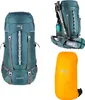 A collage of a green rucksack, a green rucksack with hiking poles and a water bottle, and an orange rain cover for a rucksack. Produktbild-Vorschau