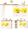 A collage of images showing a white bar table with a wooden countertop, featuring storage cabinets and shelves with various items like bottles and fruit. Anteprima dell’immagine prodotto