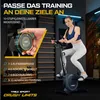 A woman is using a stationary exercise bike in a gym-like setting, with text overlays highlighting features. Produktbild-Vorschau