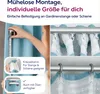 A person is measuring a curtain, with close-ups of different curtain hanging mechanisms. Produktbild-Vorschau