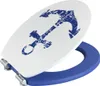 A toilet seat with a blue anchor motif on a white lid, attached to a blue toilet seat ring. The seat is shown from a slightly elevated diagonal angle. Produktbild-Vorschau