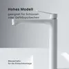 A white faucet is shown against a light gray and white background, with German text describing its features. Produktbild-Vorschau