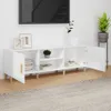 A white TV stand with open doors and shelves, displaying some books and decorative items. A television is mounted on the wall above it. Anteprima dell’immagine prodotto
