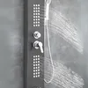 A black shower panel with chrome fixtures and water spraying from the showerhead and body jets. Podgląd zdjęcia produktu