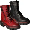 Two pairs of women's boots, one red and one black, are displayed side-by-side against a white background. Produktbild-Vorschau