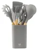 A set of gray silicone kitchen utensils in a gray holder. Náhľad obrázku produktu