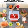 A collage of different food items being blended or prepared, with text overlays describing the capabilities of a blender. Voir les images du produit