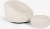A white bouclé armchair and matching ottoman are shown against a white background. Produktbild-Vorschau