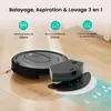 A robotic vacuum cleaner with its detachable water tank and mop attachment is shown on a wooden floor. Information icons and text about its features are displayed above. Voir les images du produit