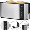A Balter 4-slice long slot toaster with a digital display and control panel, shown with two slices of toast in the slots. Insets show a close-up of the control panel, the crumb tray extended, and the top of the toaster with the toast rack. Produktbild-Vorschau