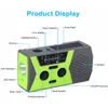A product display image of a portable emergency radio with various features labeled. Produktbild-Vorschau