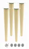 Four wooden furniture legs with metal mounting plates and a set of screws and felt pads.