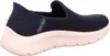 A side view of a navy blue Skechers slip-on sneaker with a pink sole. Produktbild-Vorschau
