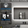 A bathroom mirror with integrated lighting, showing features like a sensor switch and a wall switch. Produktbild-Vorschau