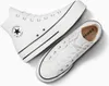 A pair of white Converse Chuck Taylor All Star sneakers, one high-top and one low-top, are displayed on a white background. Voir les images du produit