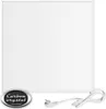 A white infrared heating panel with a power cord and a logo at the bottom left. Produktbild-Vorschau