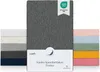A display of multiple folded baby fitted sheets in various colors, with a larger gray sheet prominently featured in the center. Produktbild-Vorschau