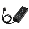 A black USB 3.0 hub with four ports and an attached cable is shown on a white background. Produktbild-Vorschau