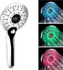 A collage of images showing a multi-colored LED shower head with a digital temperature display. Produktbild-Vorschau