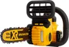 A yellow and black cordless chainsaw against a white background. Voir les images du produit