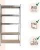 A metal shelving unit with five shelves, depicted from the front, with illustrative icons of tools, a box, and cans of food on the right, each with a checkmark. Produktbild-Vorschau