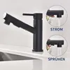 A black kitchen faucet with two inset images demonstrating different water flow modes. Produktbild-Vorschau