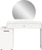 A white vanity table with a round mirror and a drawer, next to a white cabinet. Produktbild-Vorschau